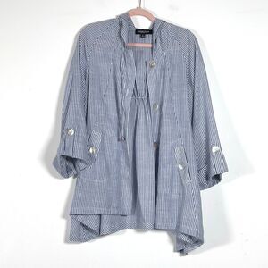 Jones & Co Linen Blend Hooded Jacket Womens Sz L Blue Striped Roll Tab Sleeves